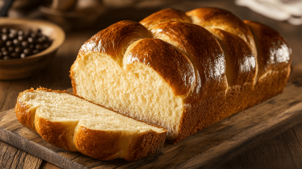 Freshly baked golden brioche loaf on a wooden cutting board