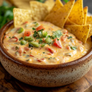 A close-up shot of a creamy Rotel cheese dip in a rustic bowl, garnished with diced tomatoes, green chilies, and fresh cilantro. Crispy tortilla chips are arranged around the bowl, ready for dipping. The dip has a smooth, cheesy texture with a rich golden color.