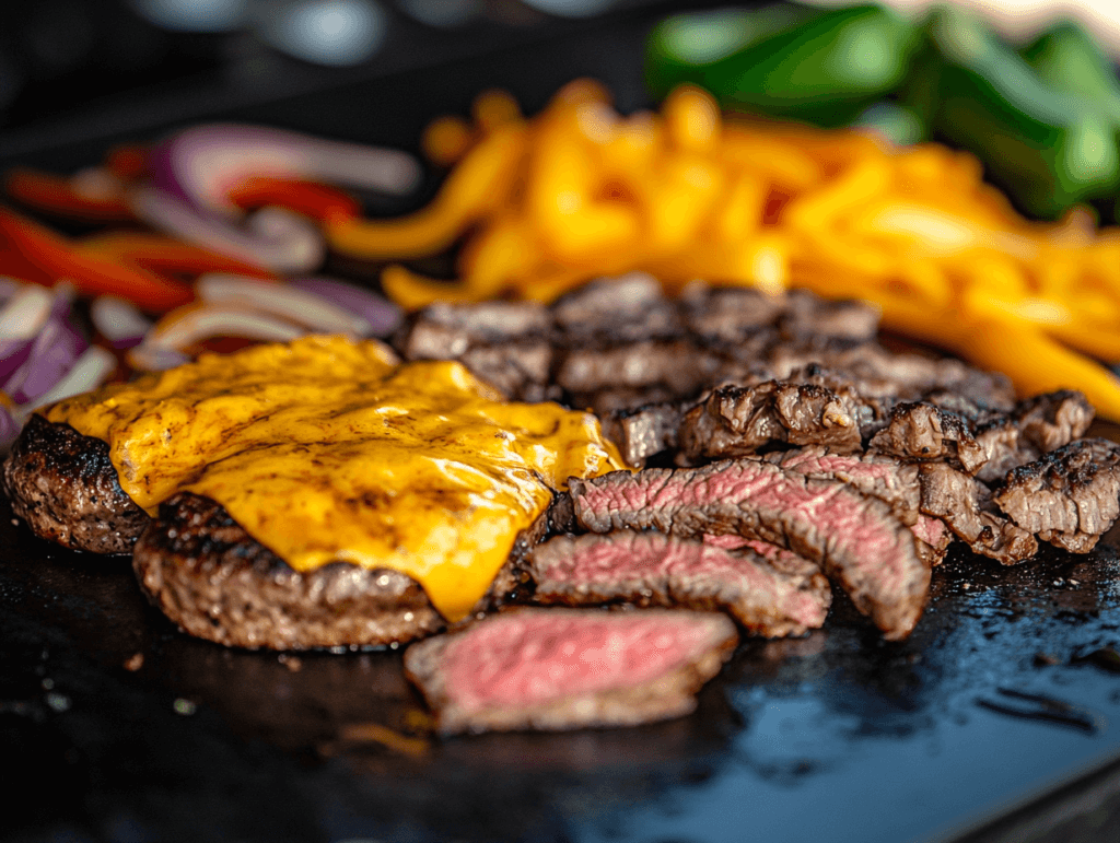 A sizzling Blackstone griddle featuring a melted cheese-topped burger, grilled steak slices, and colorful vegetables including peppers and onions.
