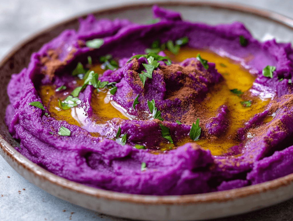 A colorful plate of mashed purple sweet potatoes with a drizzle of honey and a sprinkle of cinnamon.