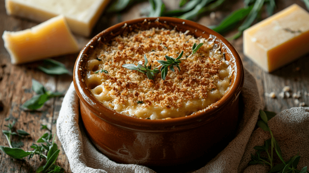 A golden-brown mac and cheese dish with a crispy topping.