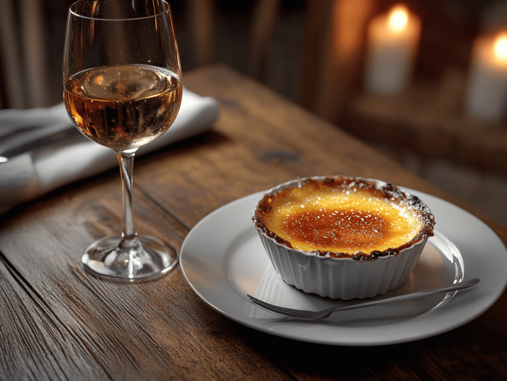 A perfectly caramelized crème brûlée served with a glass of Sauternes