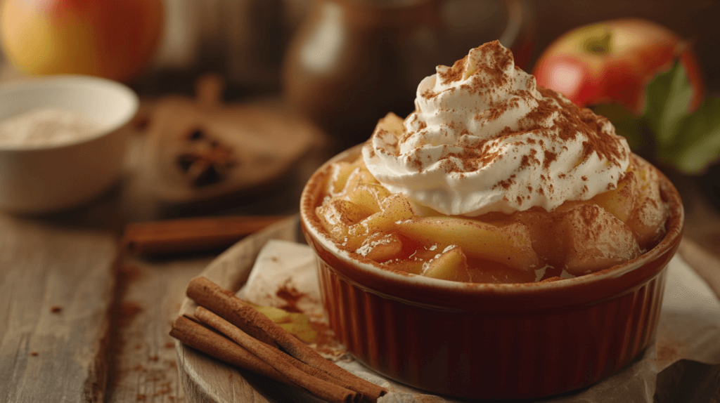 A delicious baked apple dessert served with whipped cream and cinnamon garnish.