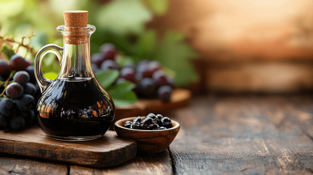 A bottle of traditional balsamic vinegar with grapes on a rustic table.