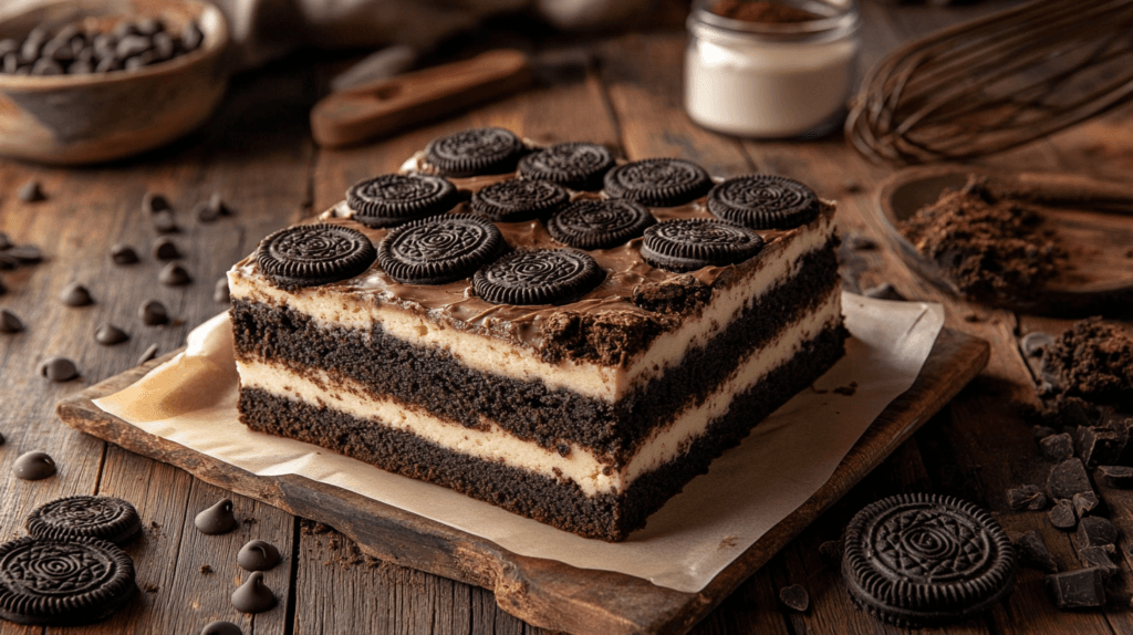 A plate of slutty brownies showing distinct layers of cookie dough, Oreos, and brownie.