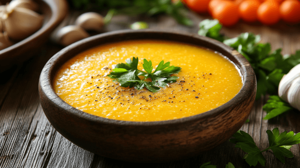 A bowl of bone broth surrounded by fresh vegetables and herbs.