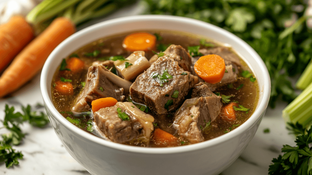 A bowl of steaming homemade bone broth surrounded by fresh vegetables.