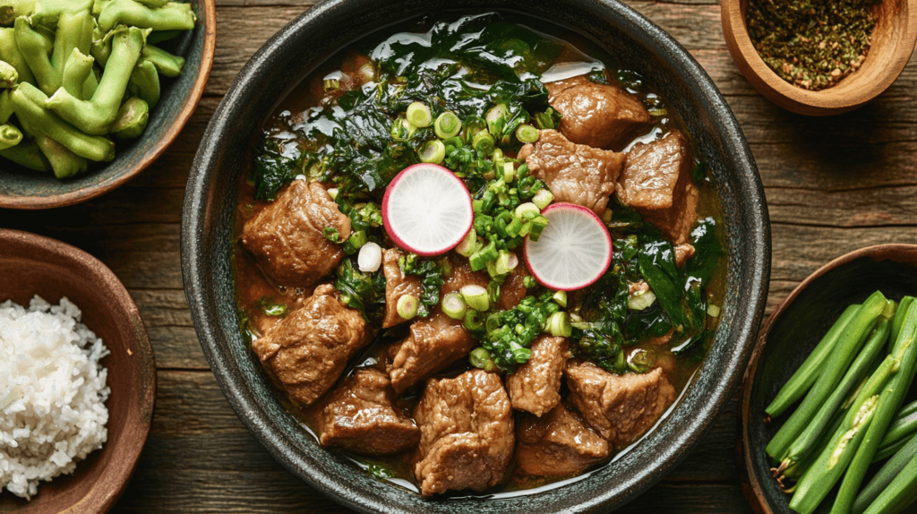 A bowl of traditional pork Sinigang garnished with fresh scallions, radish slices, and leafy greens, surrounded by side dishes of rice, green beans, and vegetables