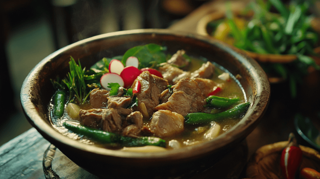 A bowl of traditional pork Sinigang garnished with fresh vegetables, radish slices, and herbs in a rich, tangy broth