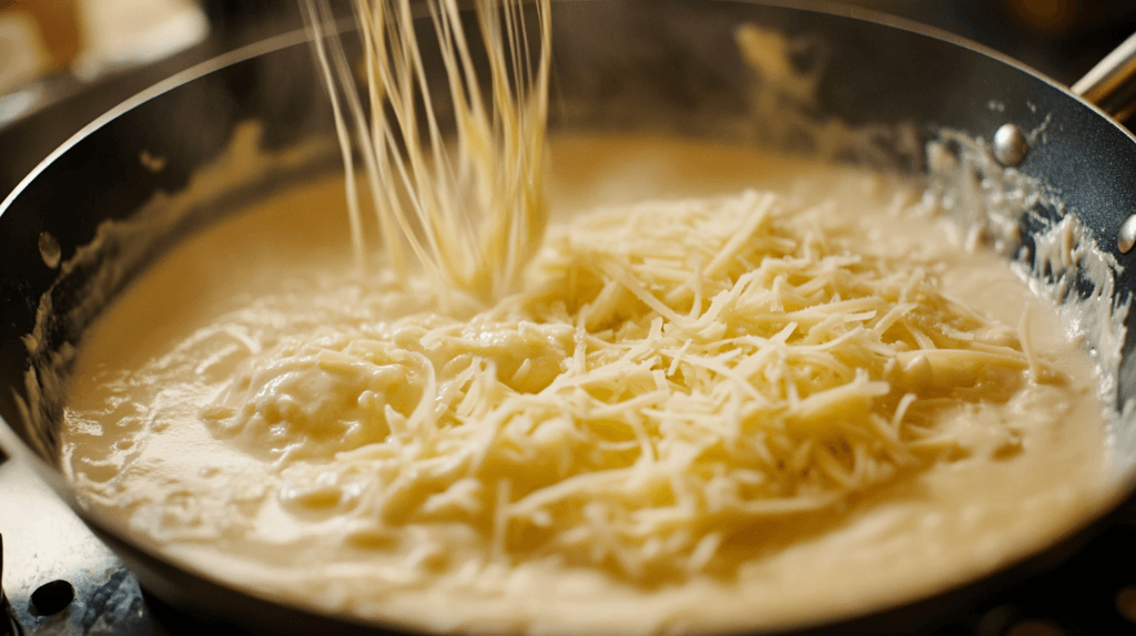 Cheese being whisked into a béchamel sauce.