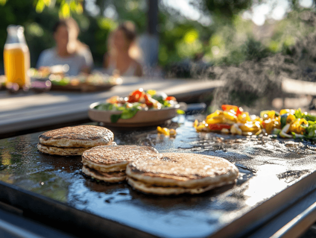 A realistic outdoor kitchen setup featuring a Blackstone griddle with a variety of dishes being cooked, such as burgers, pancakes, and stir-fry.