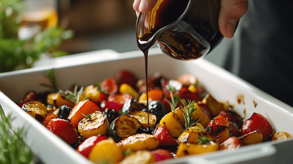 A chef drizzling balsamic vinegar on roasted vegetables.