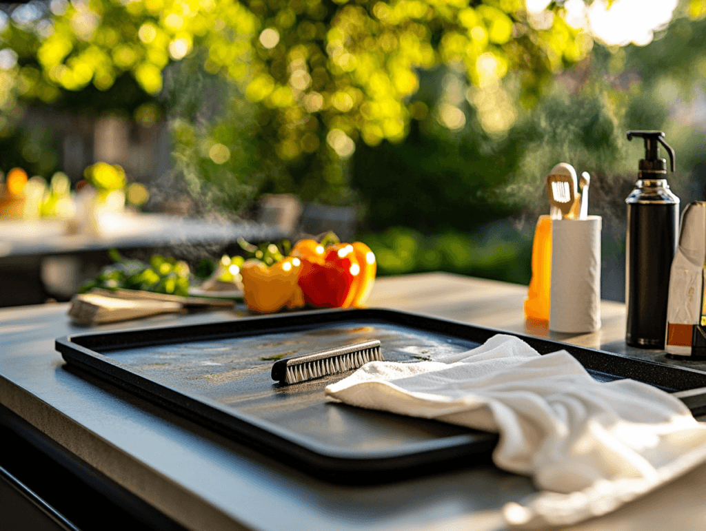 Clean Blackstone griddle with cleaning tools on the side