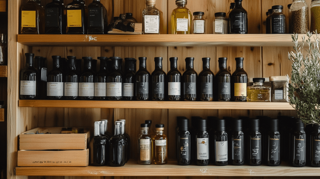 Properly stored balsamic vinegar bottles on a pantry shelf.