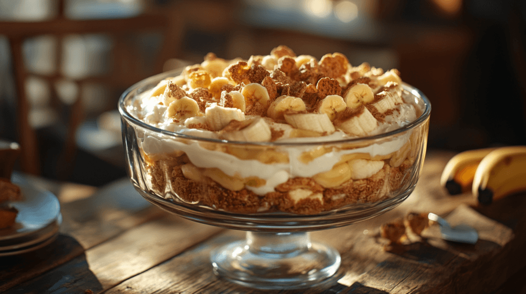 A large bowl of Magnolia banana pudding with layers of vanilla wafers and bananas.