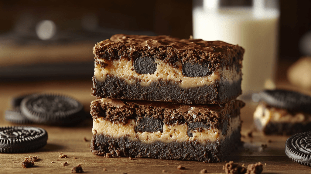 A stack of slutty brownies showcasing cookie dough, Oreo, and brownie layers.