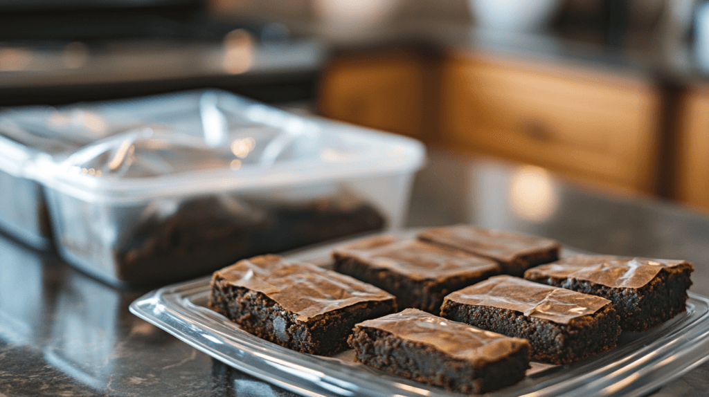 A plate of brownies, some wrapped for freezing and others in a freezer bag.
