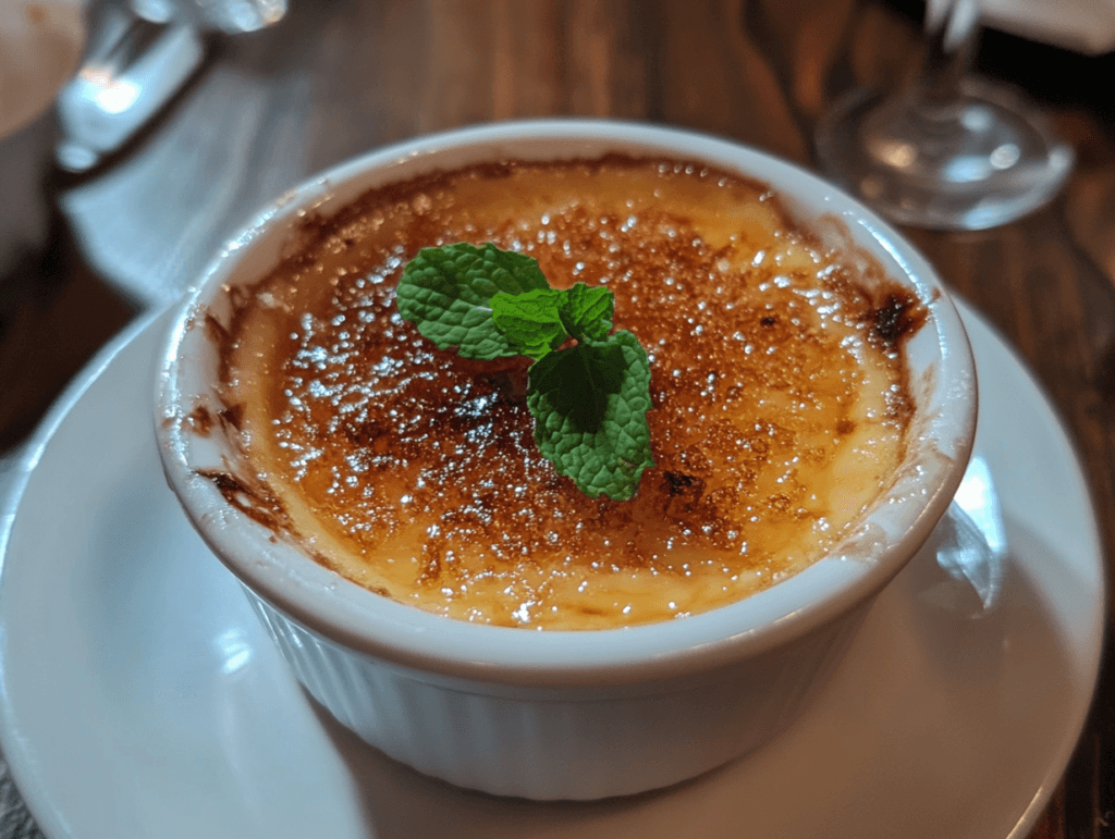 A close-up of a crème brûlée dish.