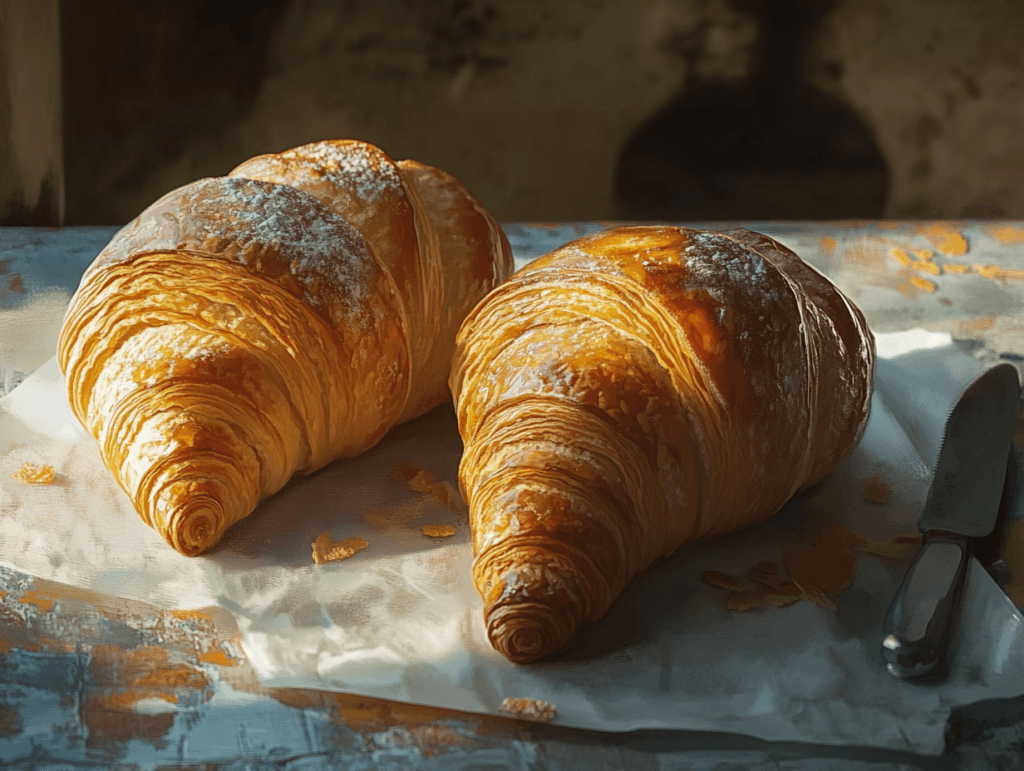 Croissant and Gipfeli side by side on a wooden table.