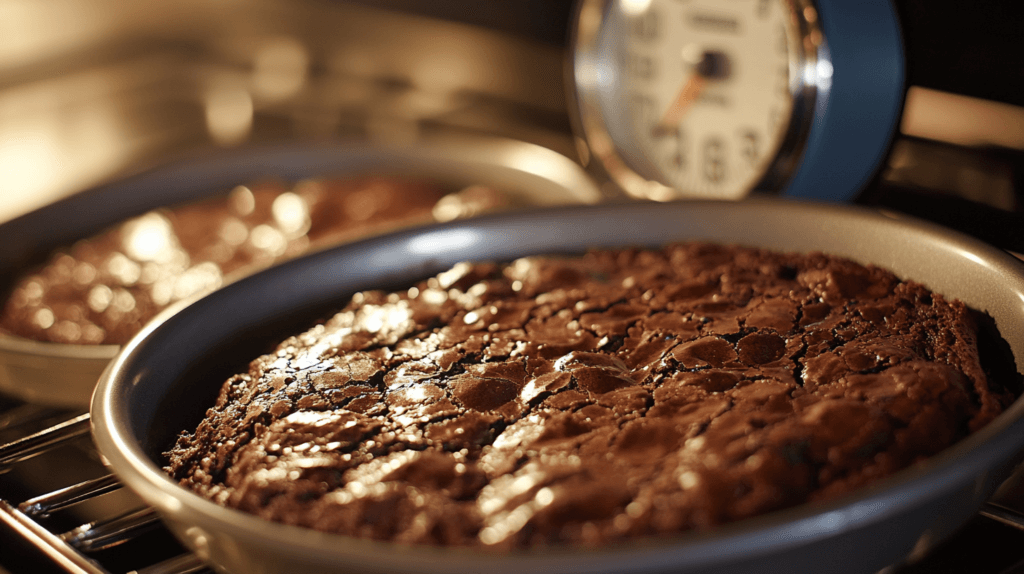 Slutty brownies baking in the oven with a timer nearby.