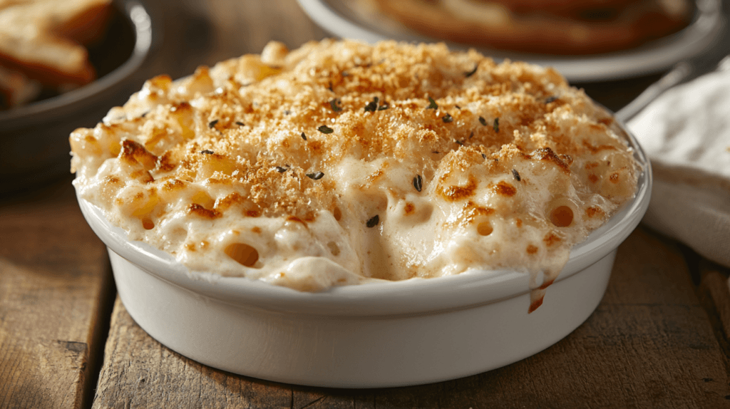 Creamy mac and cheese with a golden crust.