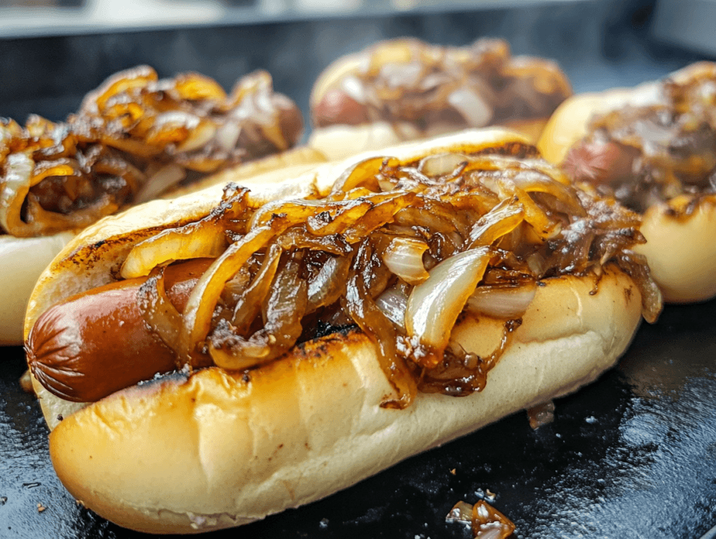 Hot dogs cooking on a Blackstone griddle.