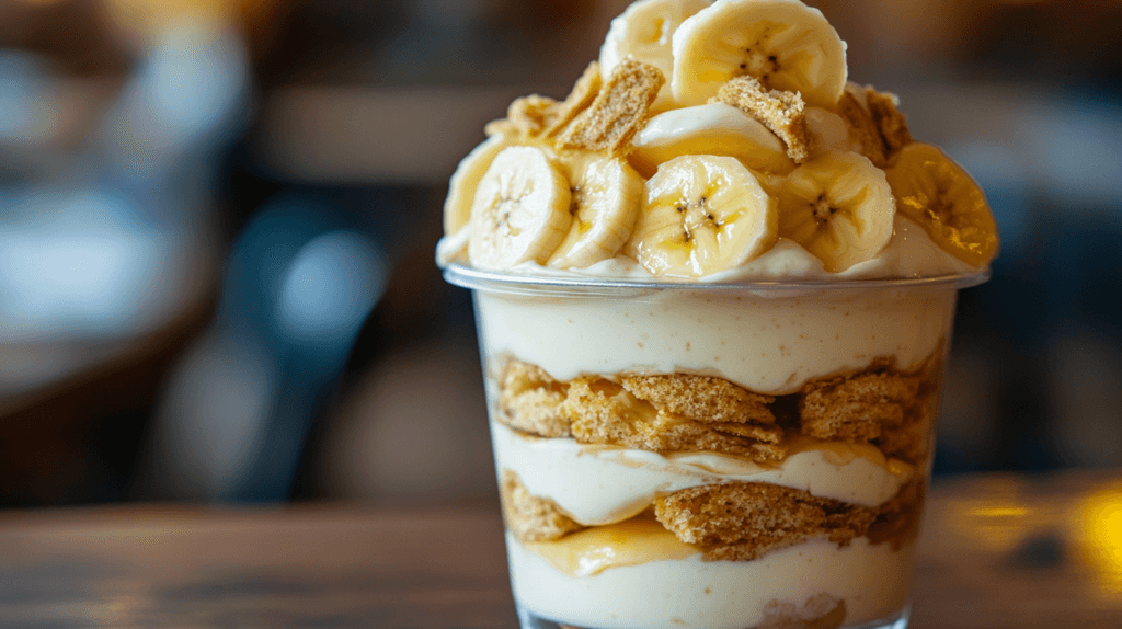 A classic serving of Magnolia Bakery’s banana pudding in a to-go cup.