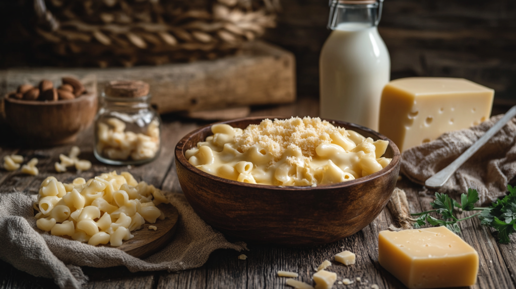 A bowl of mac and cheese made without milk, surrounded by alternative ingredients.