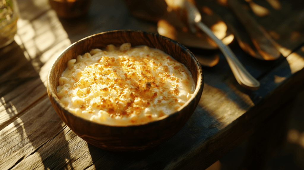 Bowl of creamy mac and cheese on a rustic table.