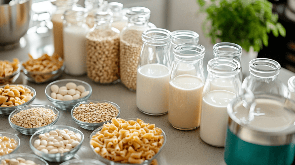 Different milk alternatives for mac and cheese on a kitchen counter.