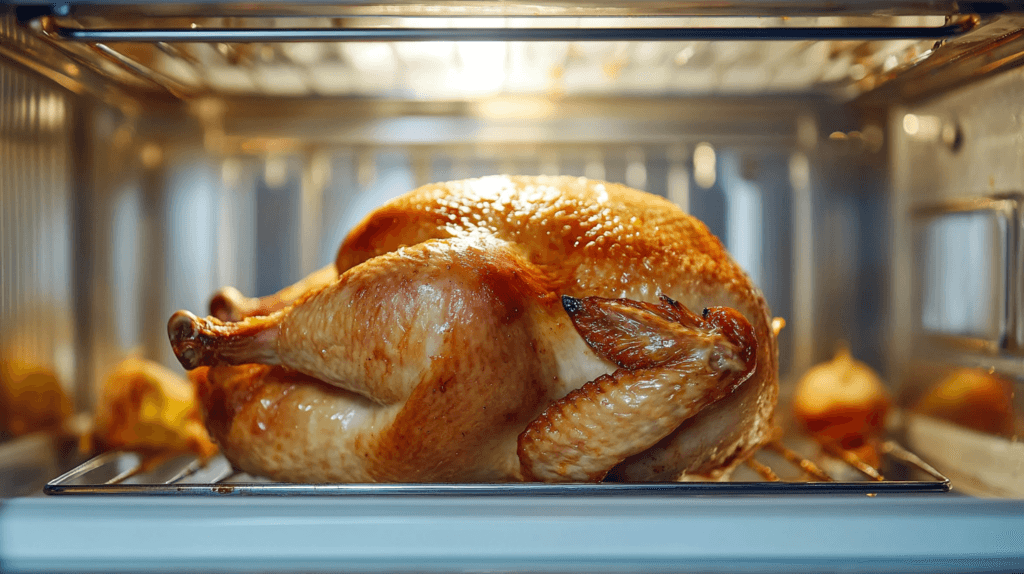 Freshly cooked rotisserie chicken in a fridge