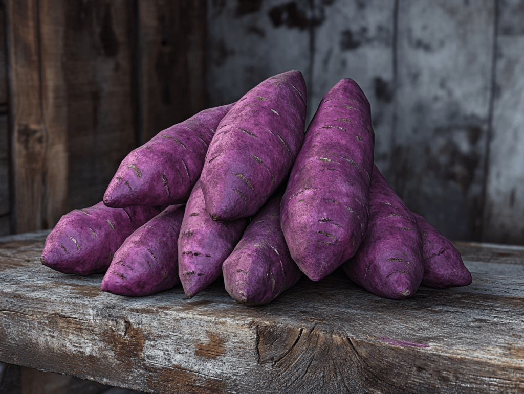 Vibrant purple sweet potatoes arranged on a rustic wooden table.