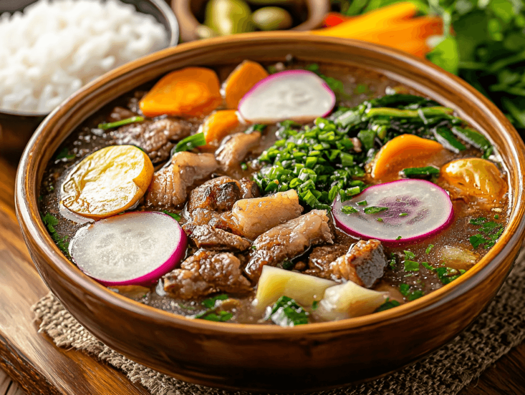 A detailed close-up of a steaming bowl of Sinigang with pork, radish slices, carrots, leafy greens, and scallions, served alongside a bowl of rice