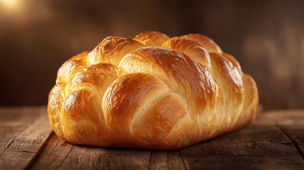 A loaf of golden, fluffy brioche bread on a wooden table.