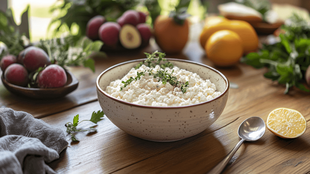 Fresh cottage cheese in a bowl with fruits and herbs.