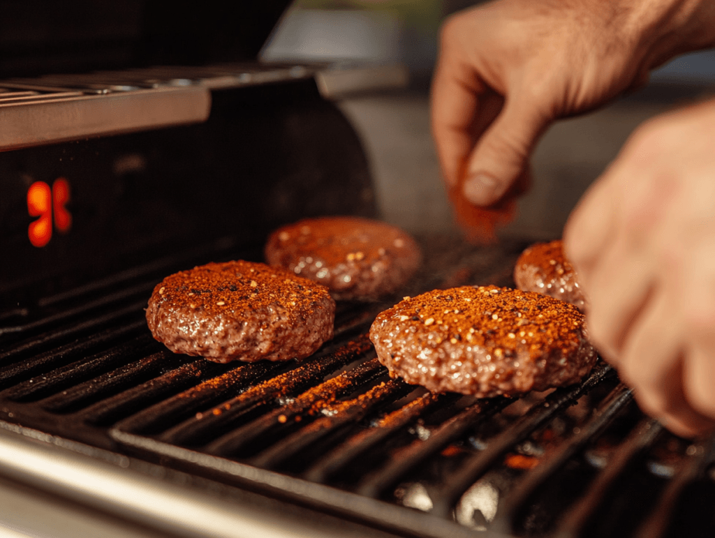 Hands seasoning raw burger patties with spices on a hot grill, with a warm glow from the flames in the background.