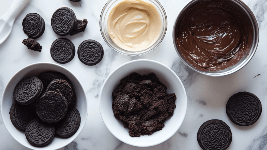 Ingredients for slutty brownies displayed on a marble countertop.