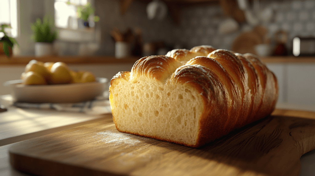 A loaf of freshly baked brioche on a wooden cutting board.