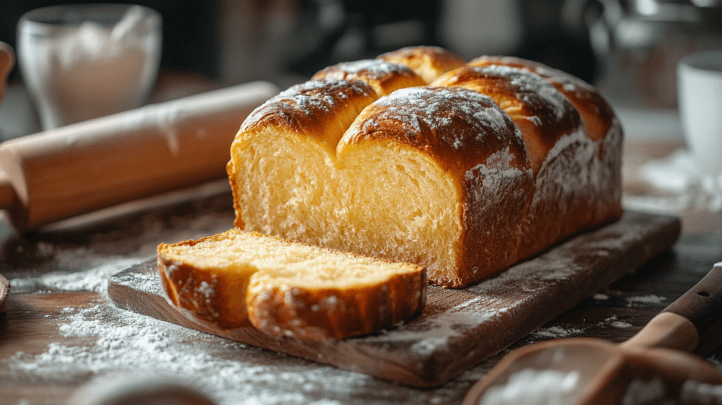 Freshly baked golden brioche loaf resting on a wooden board.