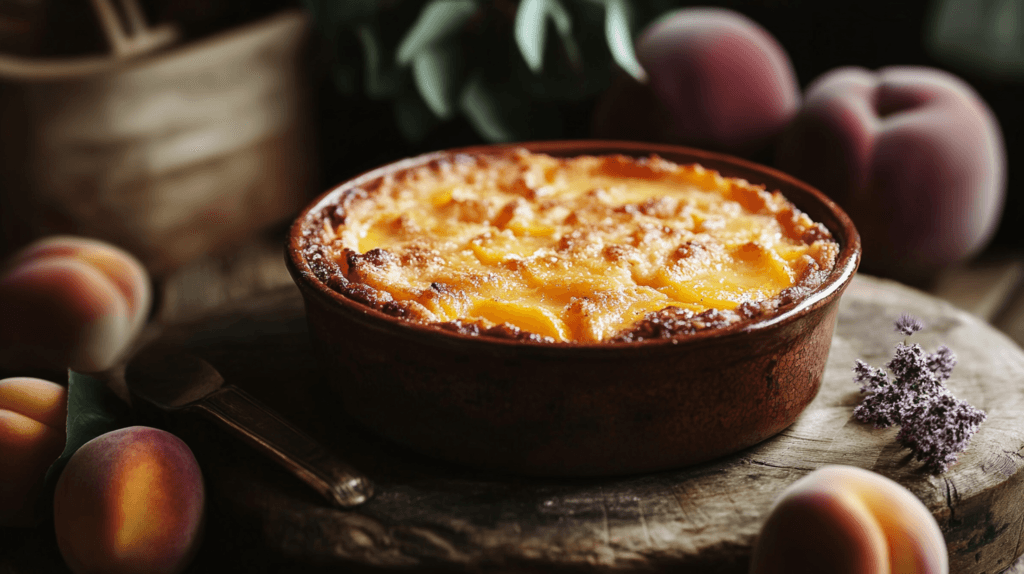 Peach crumble dessert on a rustic wooden table.