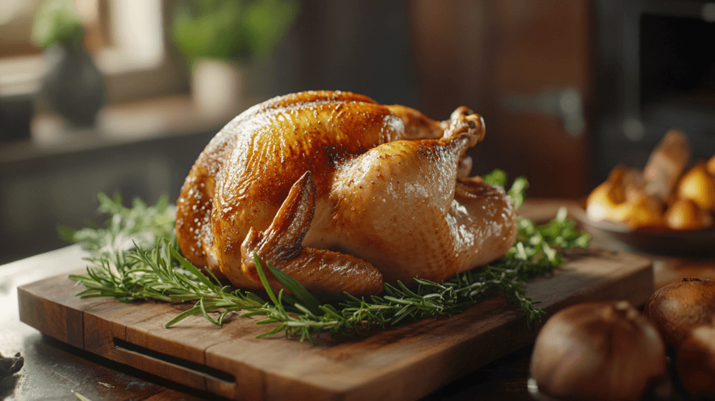 A juicy rotisserie chicken on a wooden cutting board.
