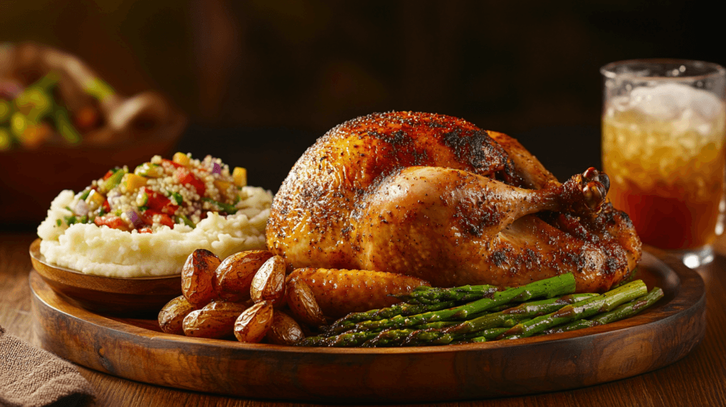 Rotisserie chicken meal with various side dishes
