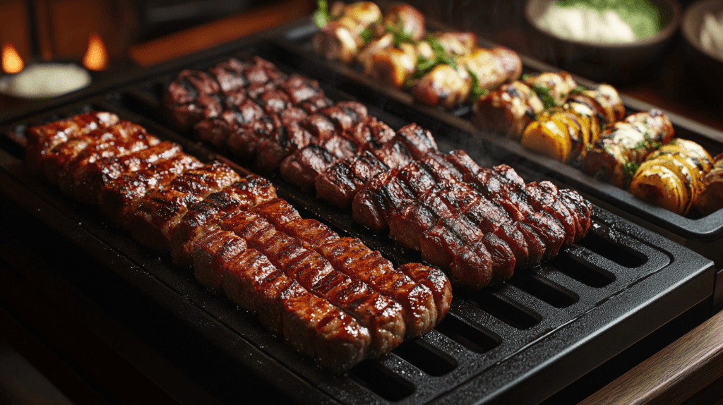 Juicy, perfectly seared skewers of meat and vegetables grilling on a Traeger grill with golden roasted potatoes in the background.