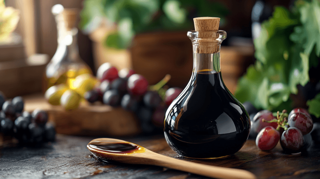 Bottle of balsamic vinegar with grapes and a wooden spoon.