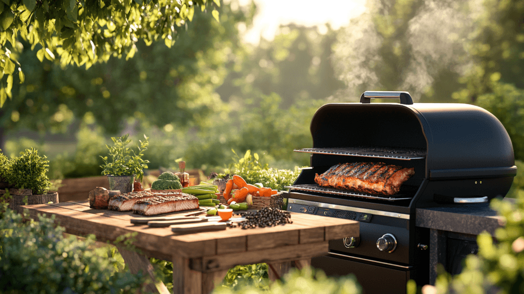 A scenic backyard barbecue setup featuring a Traeger grill with ribs cooking and a wooden table displaying fresh vegetables, herbs, and smoked meats.