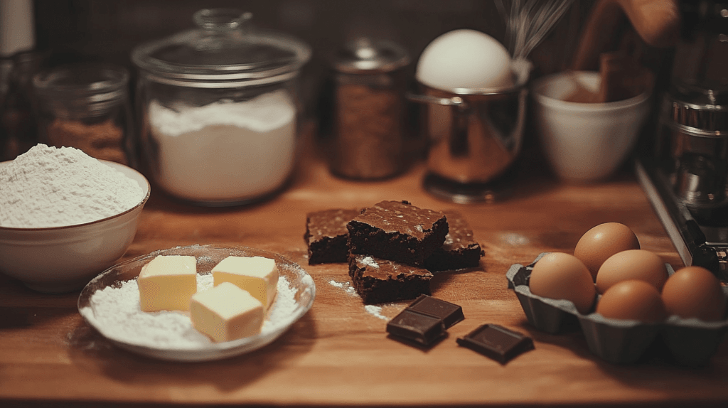 Brownie ingredients, including sugar, butter, eggs, and chocolate, displayed on a counter, highlighting their calorie contribution.