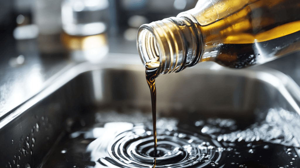 Balsamic vinegar being poured into a stainless steel kitchen sink drain.