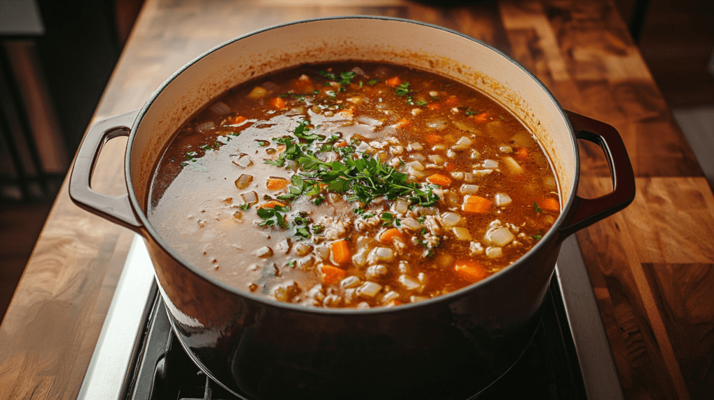 A pot of bone broth simmering with fresh vegetables.