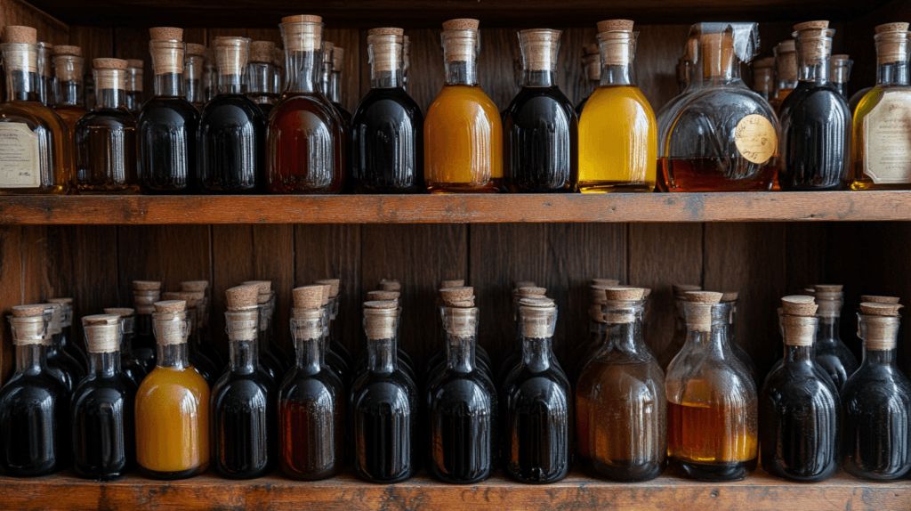 Bottles of balsamic vinegar stored on a pantry shelf.