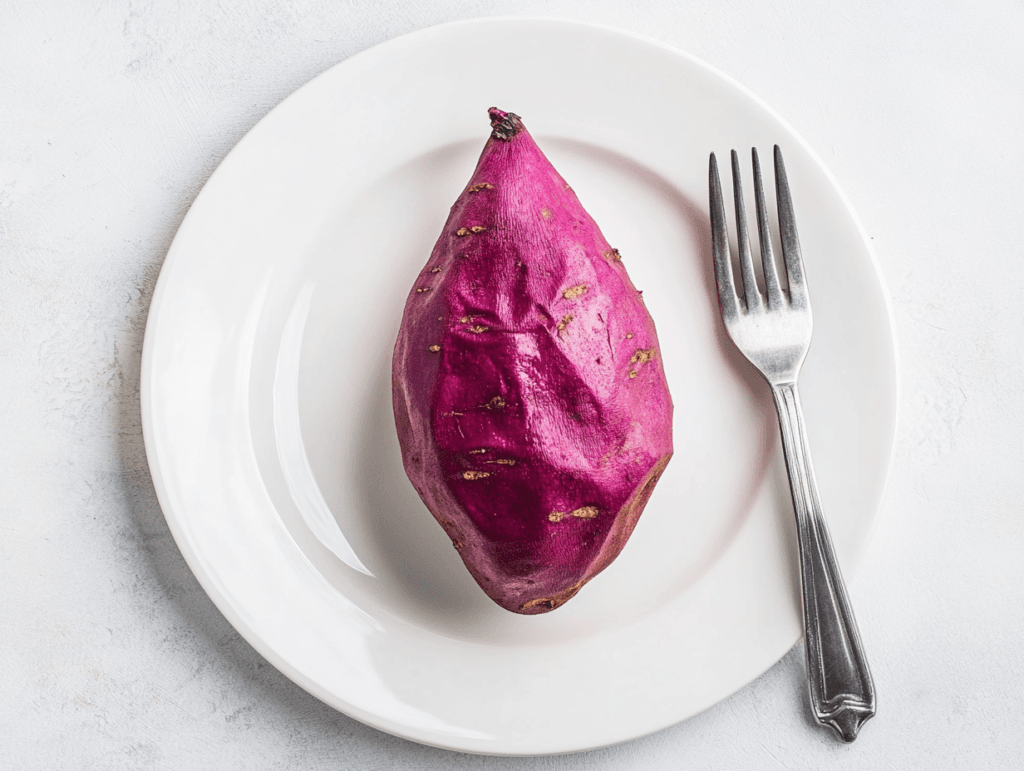 Microwaved purple sweet potato on a plate